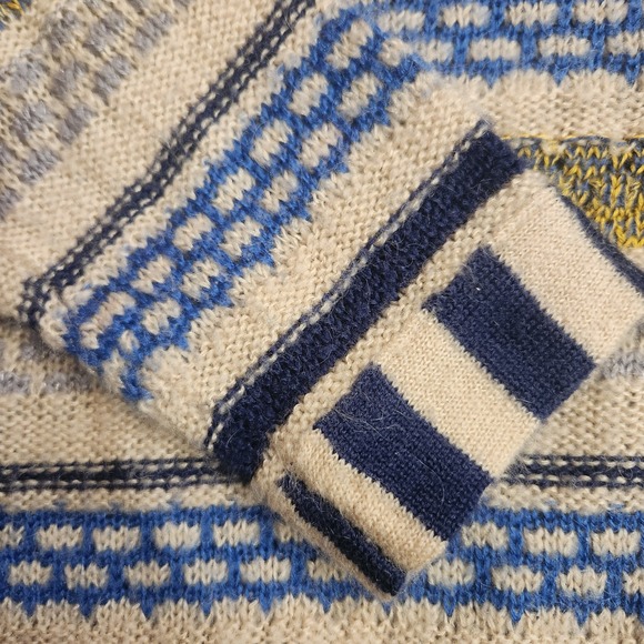 Fair Isle inspired Striped Knit Sweater Blue Cream Yellow Metallic Back Zip Boho - Picture 3 of 6